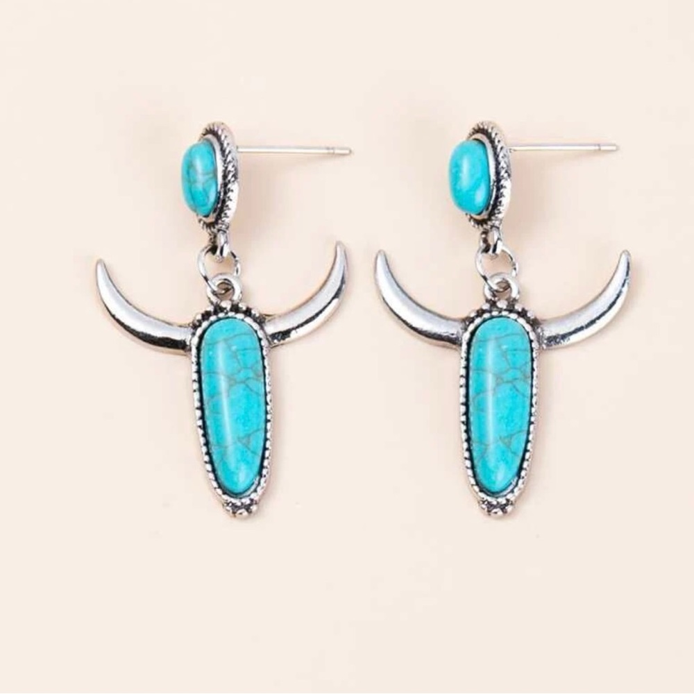 Turquoise Bullhead Drop Earrings, Antique Silver